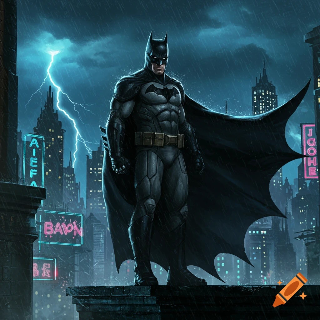 Batman stands heroically on a rooftop overlooking a rainy, lightning-struck cityscape at night, with neon signs.