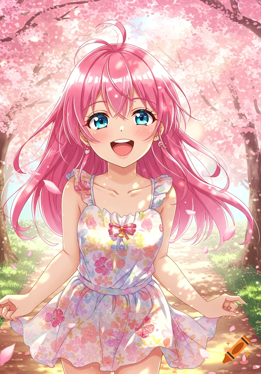 A smiling anime girl with pink hair and blue eyes, wearing a floral dress, walks on a path under blooming cherry blossom trees.
