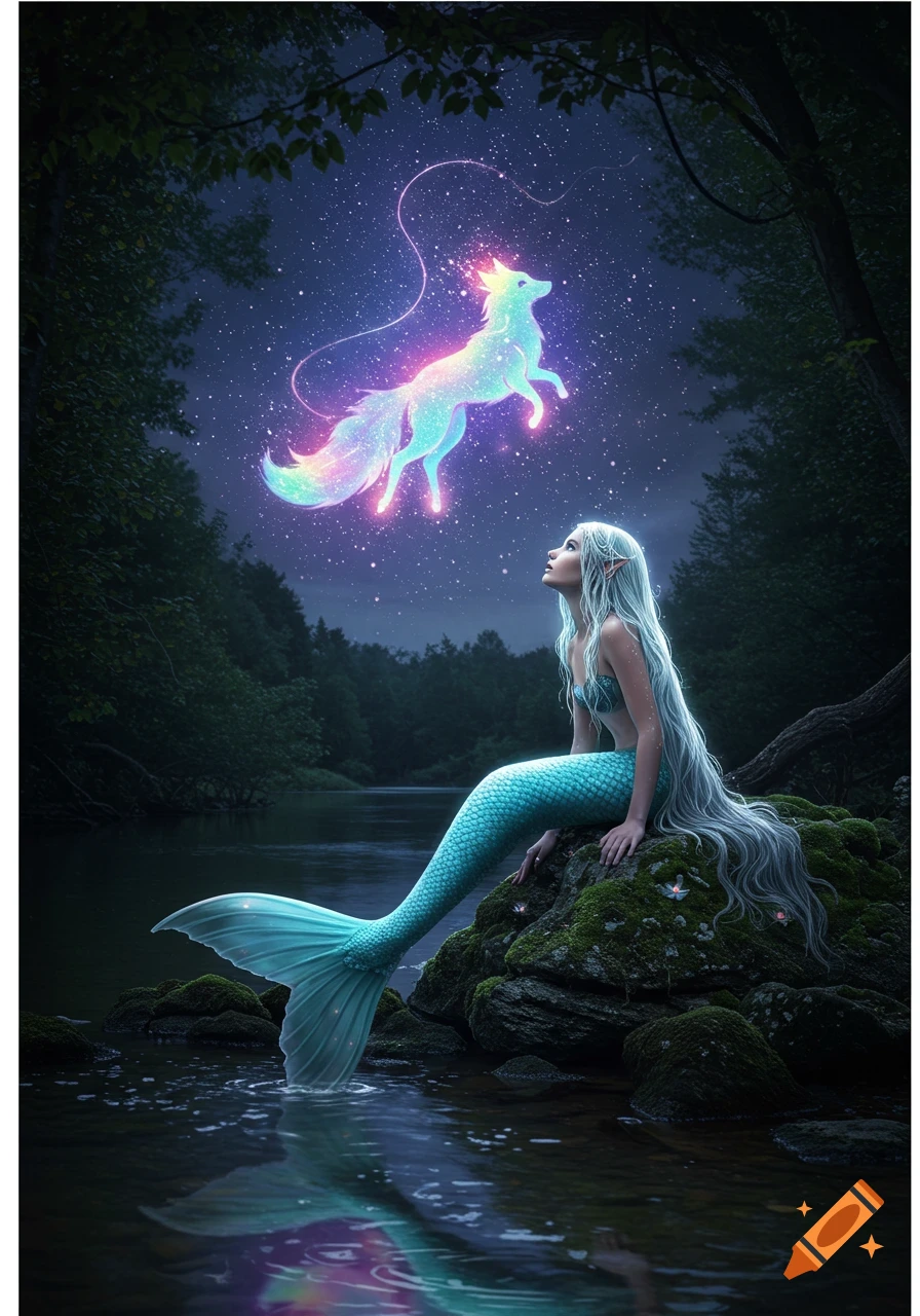 A white-haired mermaid lounges on mossy rocks by a river at night, looking up at a vibrant, glowing celestial fox in the starry sky.