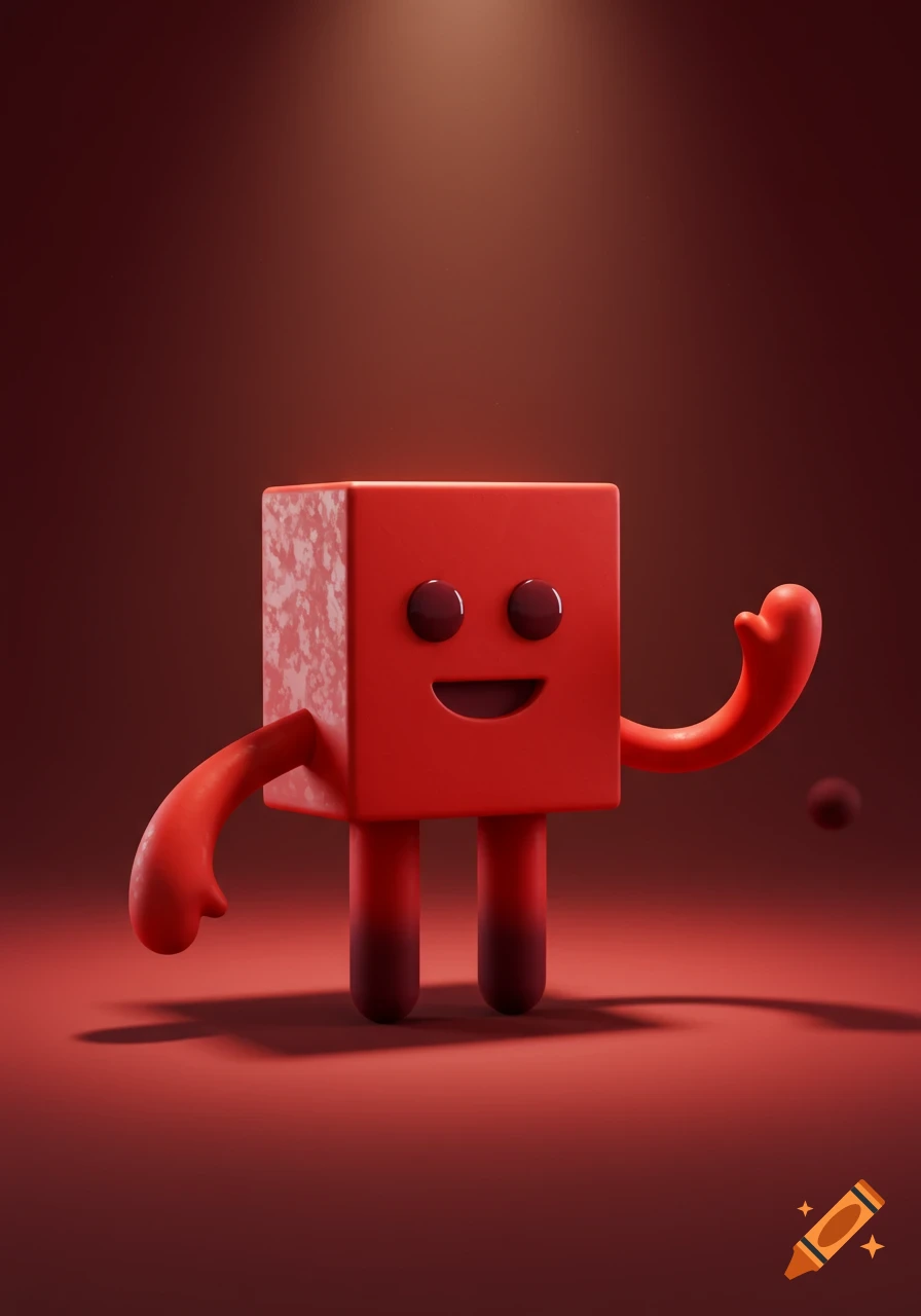 A cute 3D rendered red block character with maroon eyes, a smiling mouth, and limbs with a red to maroon gradient.