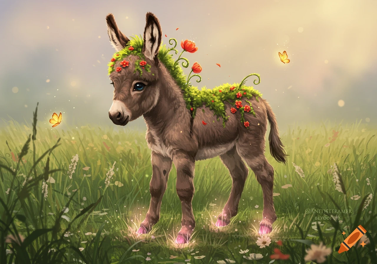A cute donkey foal with moss and red flowers on its back stands in a grassy field with glowing pink hooves and butterflies.