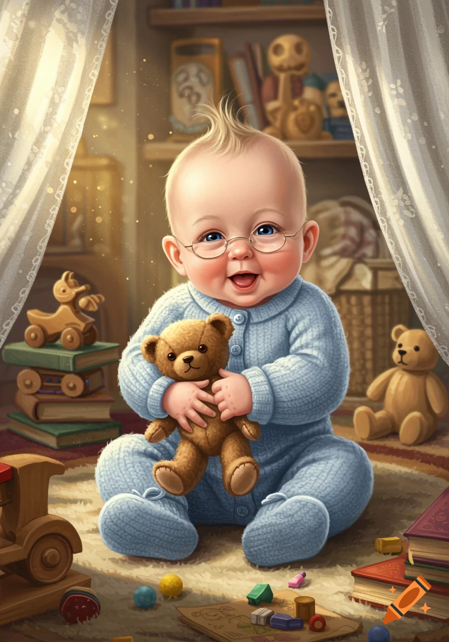 A cute baby in a blue onesie sits on a rug, holding a teddy bear, surrounded by wooden toys in a whimsical nursery. Illustrated style.