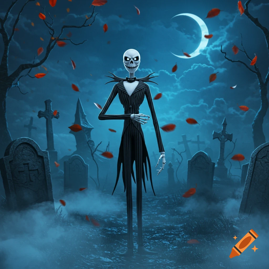 Jack Skellington in a pinstripe suit stands in a misty graveyard with falling red leaves and a crescent moon. Stylized animated art.