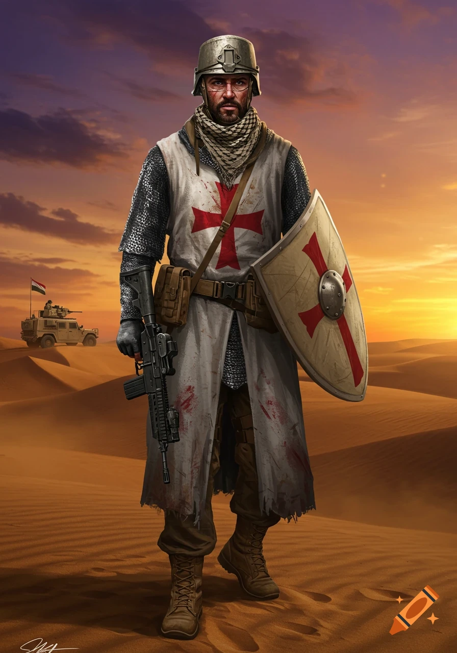 A modern-day crusader in a desert at sunset, wearing chainmail, a white surcoat with a red cross, military gear, holding a rifle and shield.