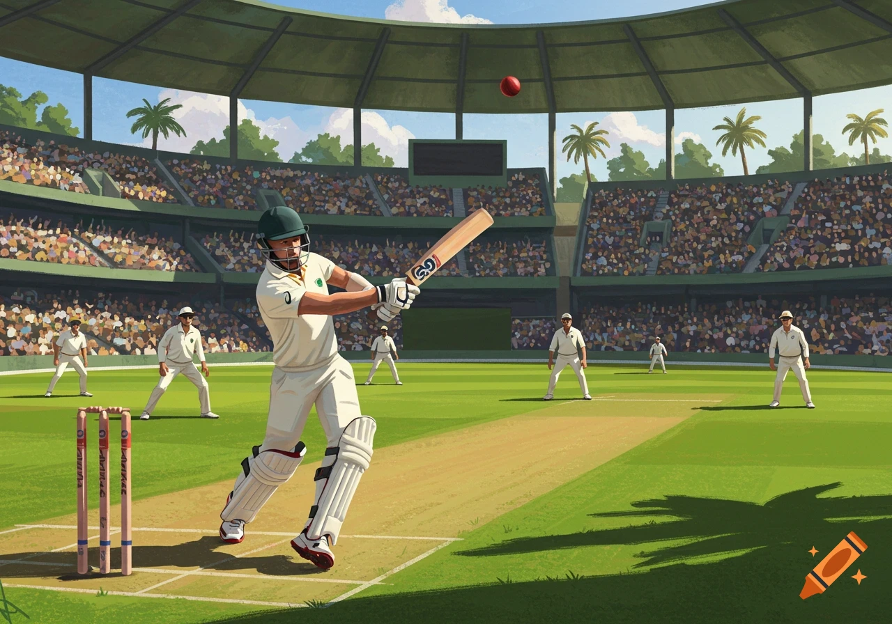 A batsman in white uniform hits a red ball in a crowded cricket stadium, rendered in a stylized illustration.