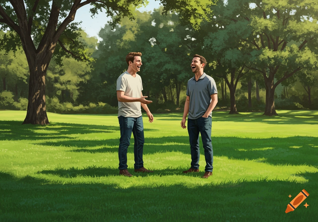 Two men laughing and talking in a sunny park with large trees and a green lawn, rendered in an illustrative style.