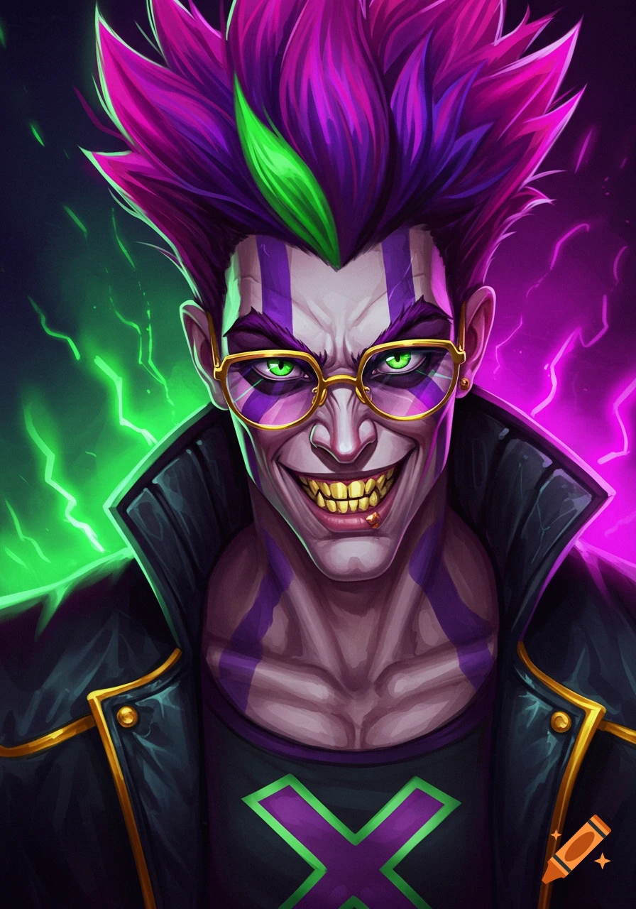A menacing stylized character with spiky purple and green hair, gold glasses, a wide grin with gold teeth, and a black leather jacket against a neon background.