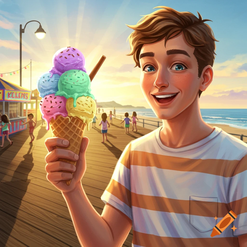 Smiling young man holding a large, colorful ice cream cone on a sunny beach boardwalk, illustrated.