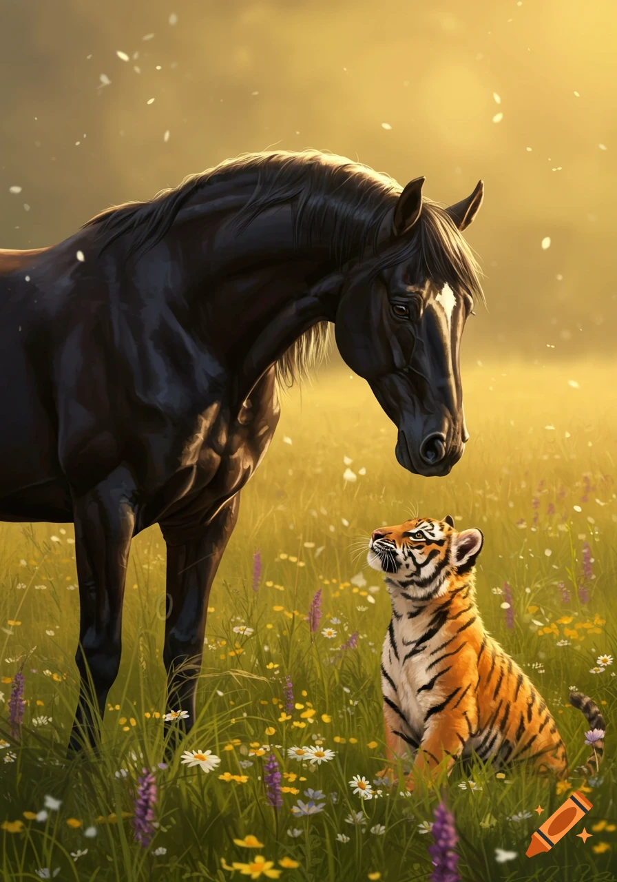 A gentle black horse looks down at a small tiger cub looking up at it in a field of colorful wildflowers during golden hour, digital art.