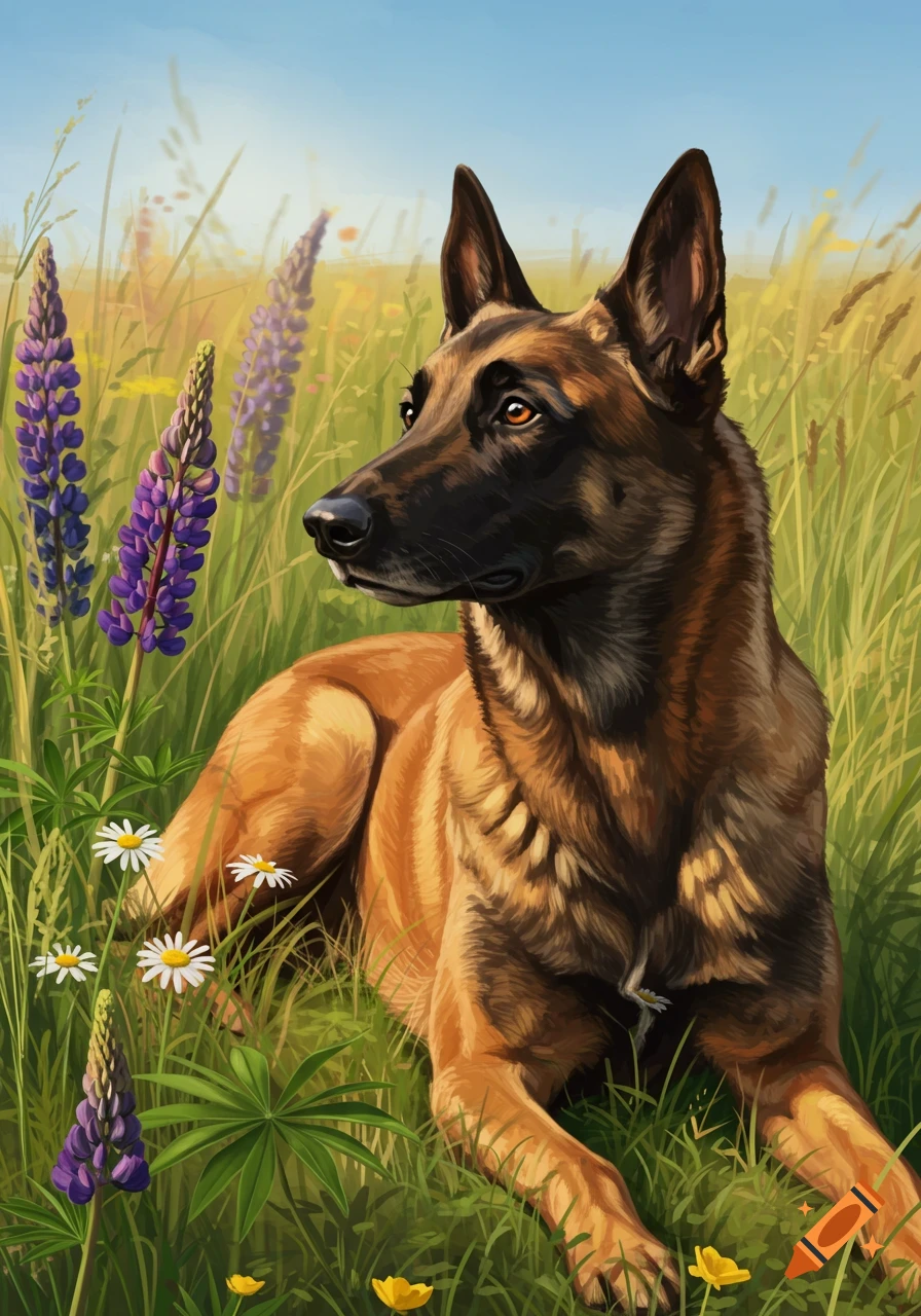 A detailed illustration of a Belgian Malinois dog lying in a grassy field with purple lupines and white daisies, looking to the left.