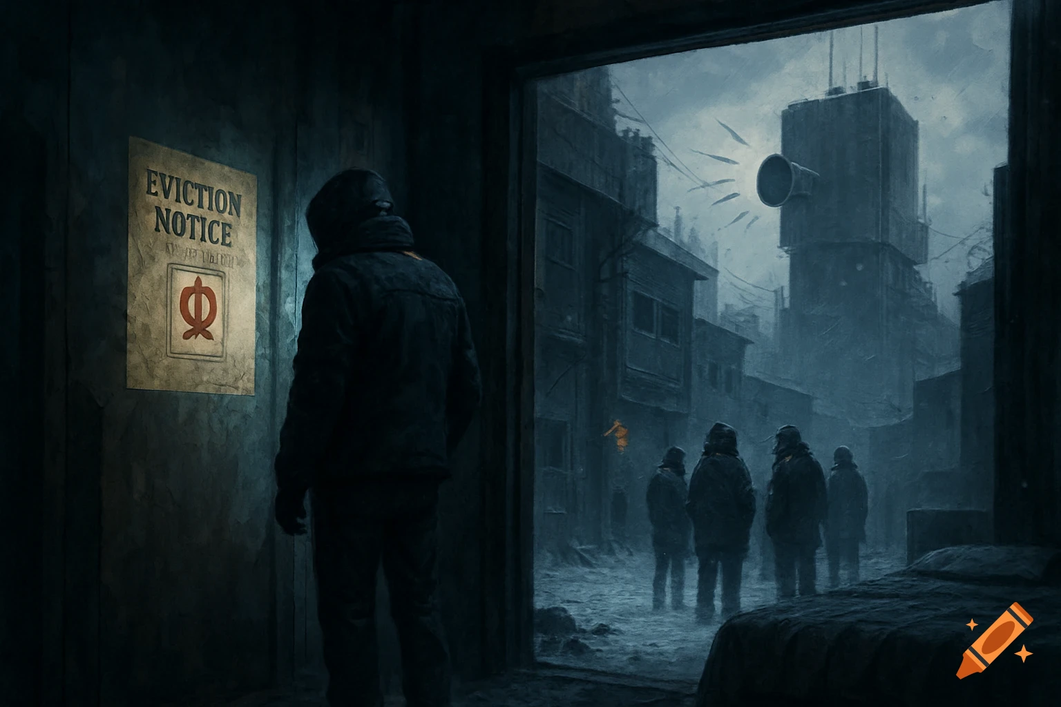 A person in a hooded jacket looks at an eviction notice on a wall, while several figures stand outside in a bleak, snowy, dystopian city street. The style is dark and moody.