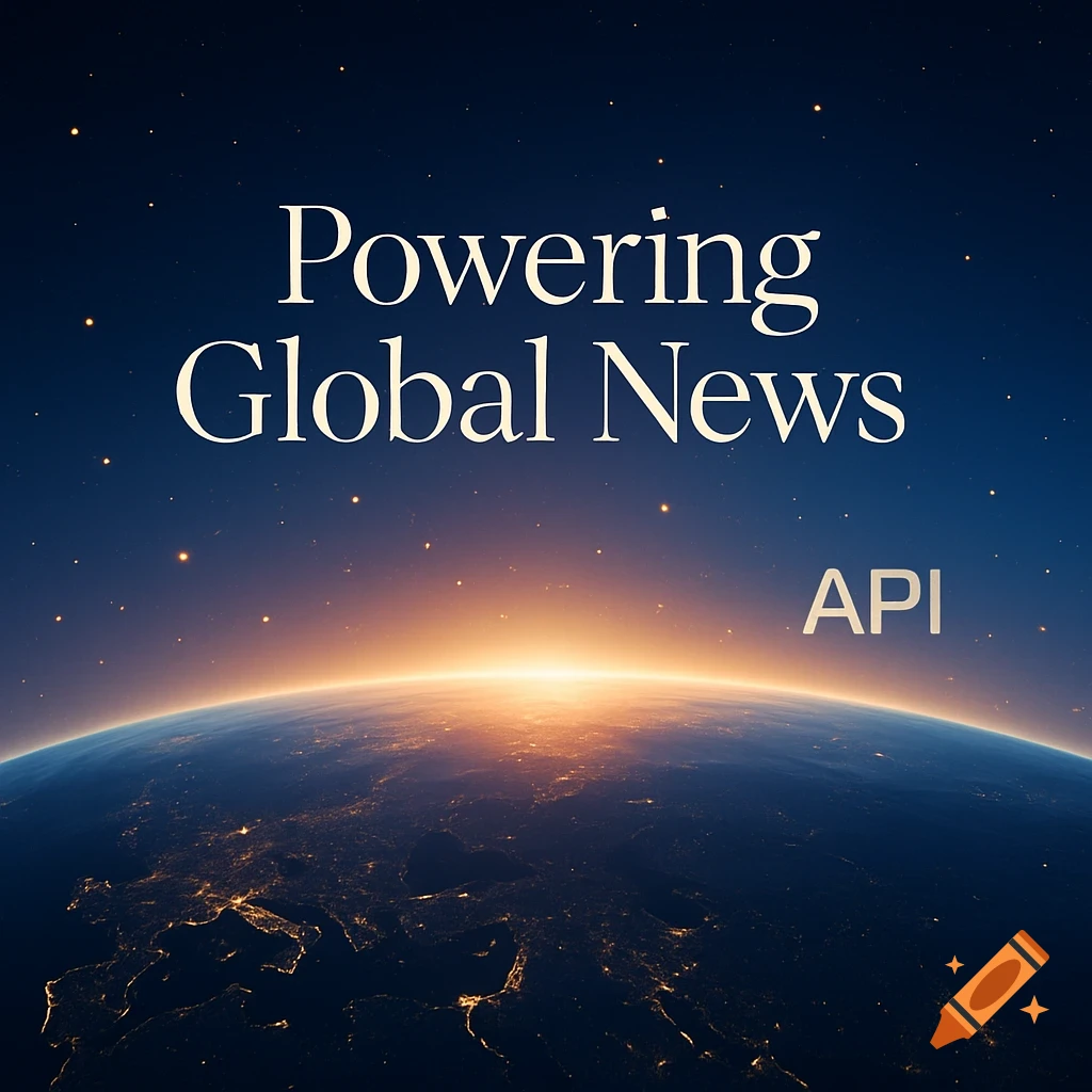 Photorealistic view of Earth from space at sunrise with city lights and text 'Powering Global News API'.