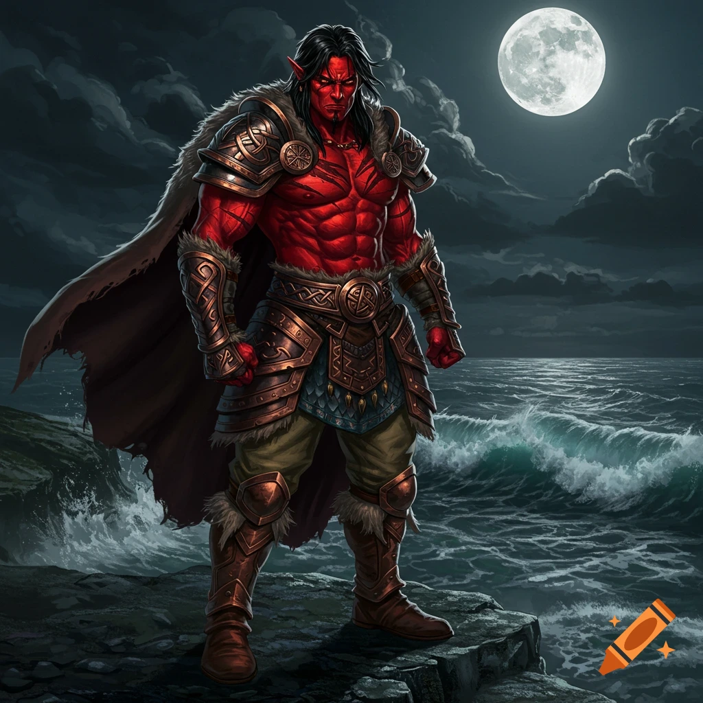 A muscular red-skinned warrior in detailed Viking armor stands on a rocky shore under a full moon and stormy night sky.