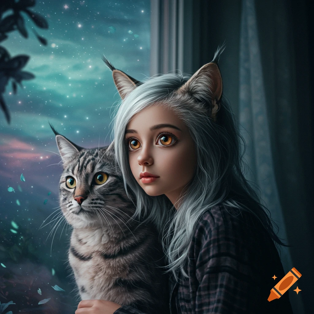 A fantasy girl with cat ears and golden eyes, holding a tabby cat, gazes out a window at a starry night sky.
