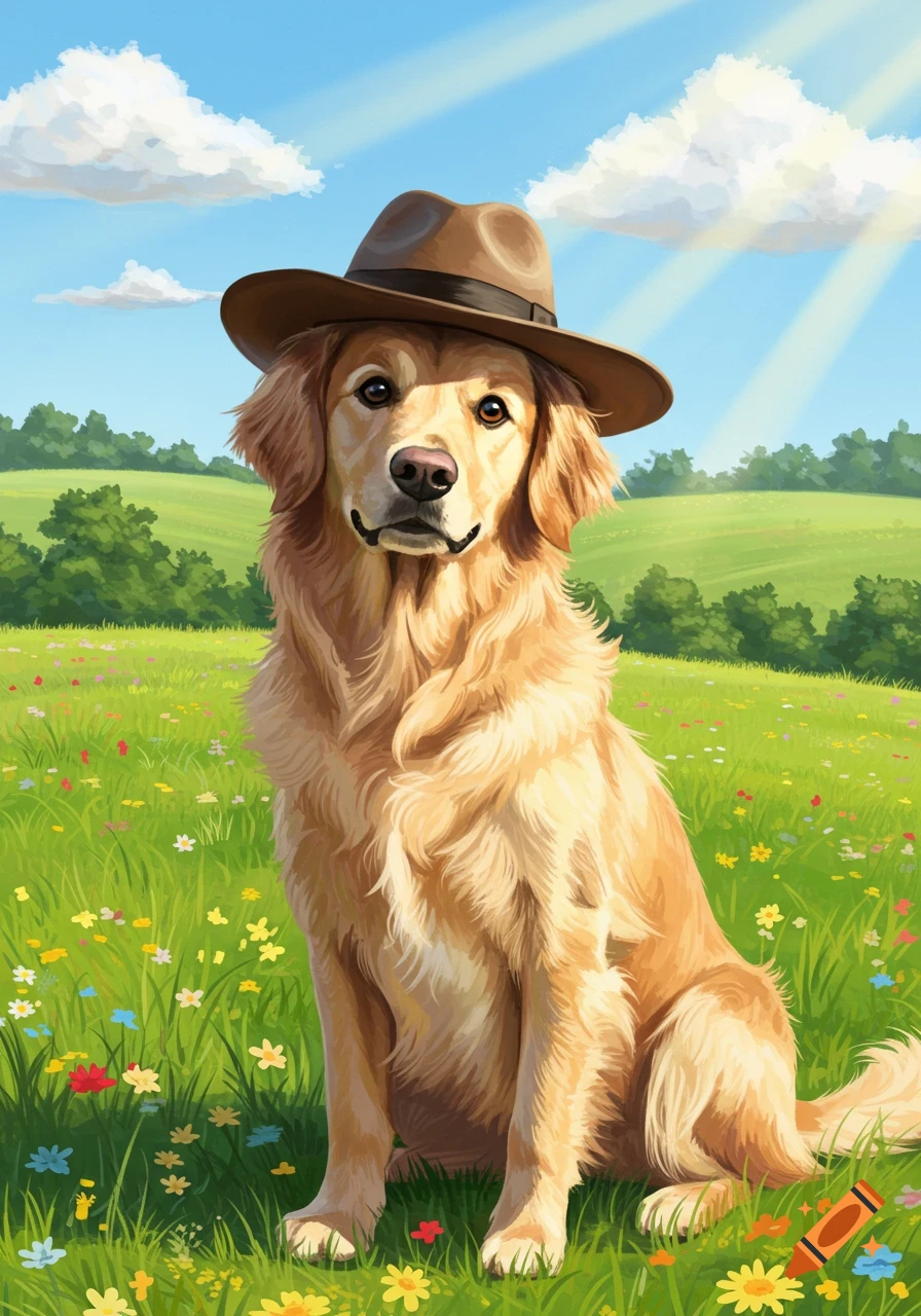 A cheerful golden retriever wearing a brown fedora hat sits in a sunny green field with colorful wildflowers in an illustrated style.