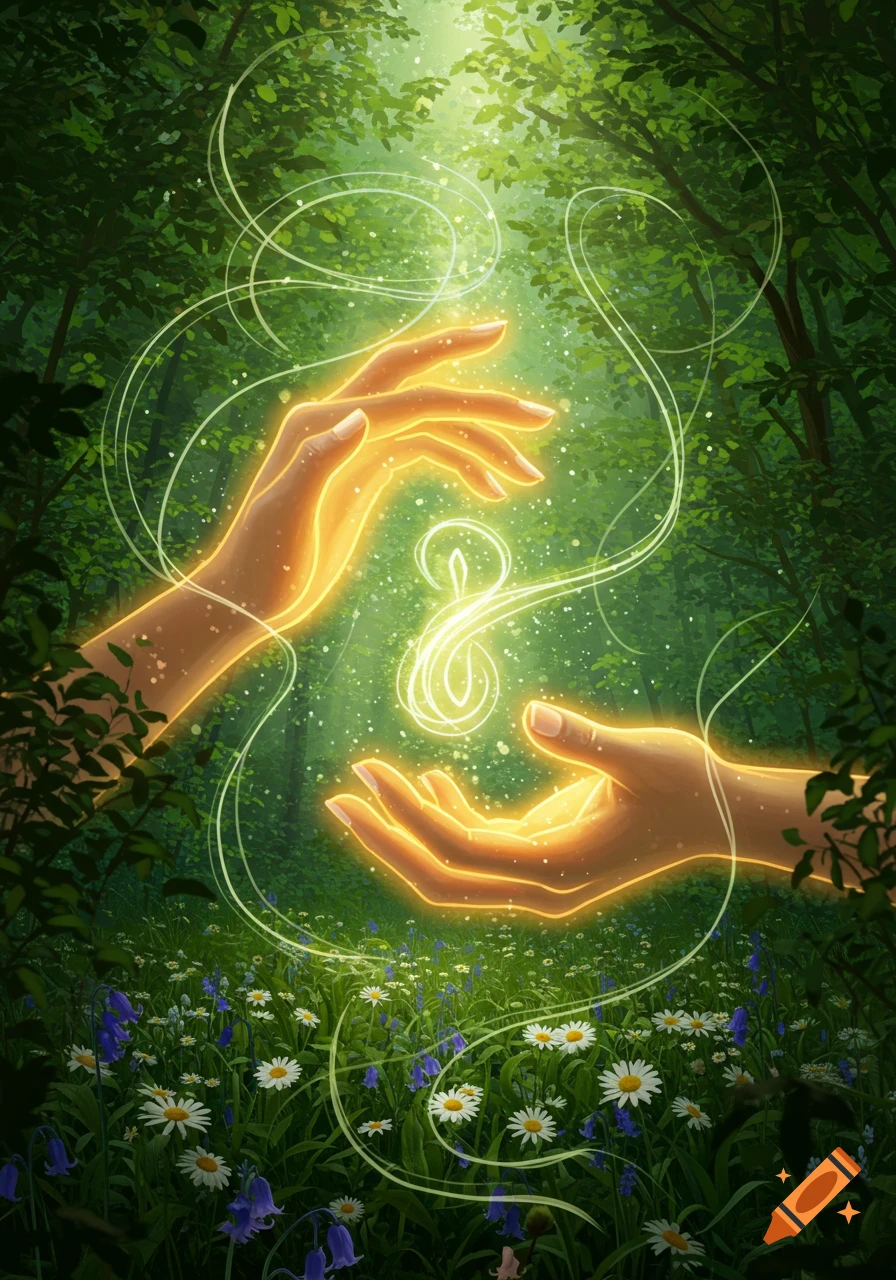 Two glowing hands interact with a swirling magical symbol in a lush, sun-dappled forest with wildflowers.