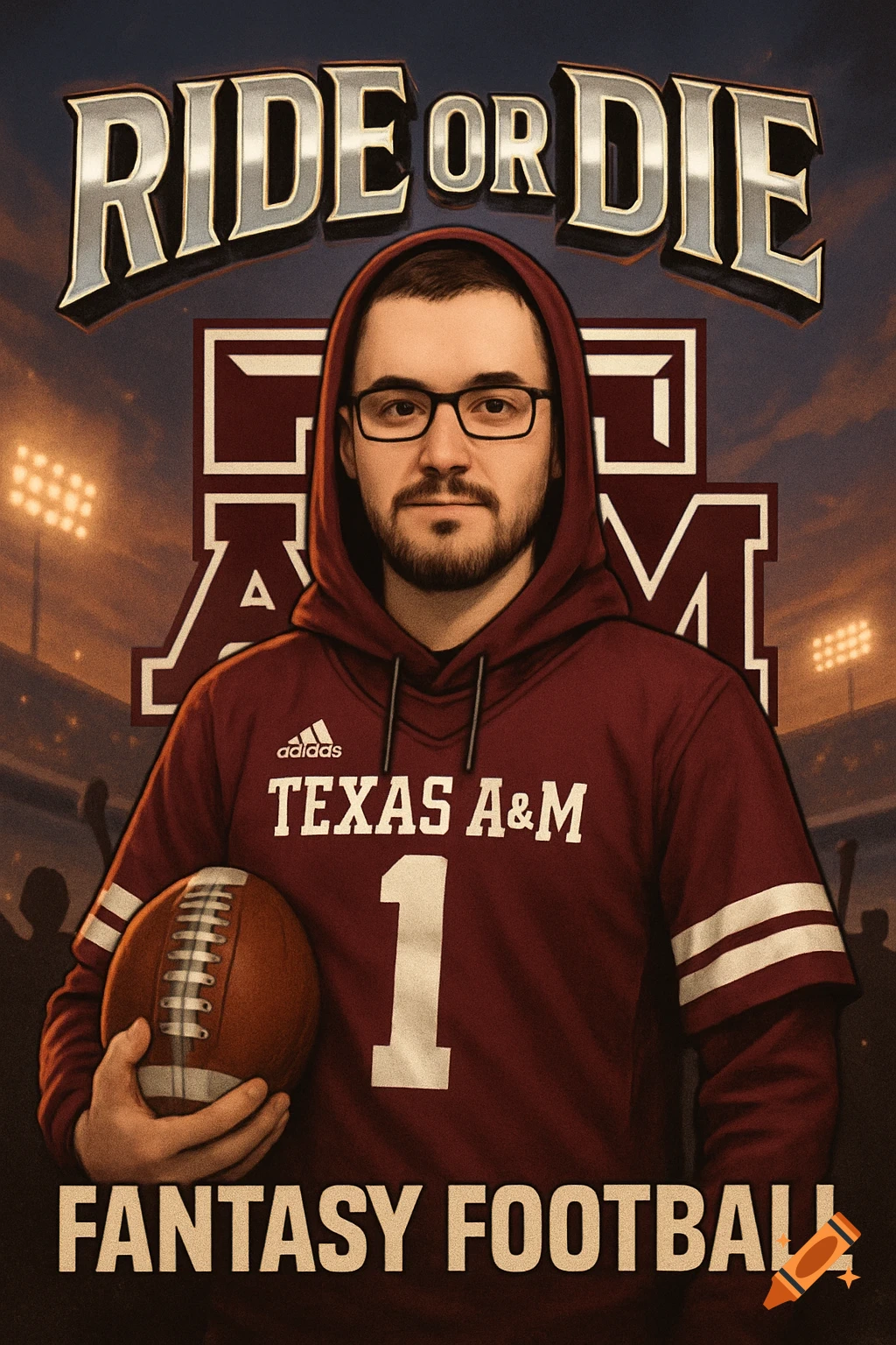 Stylized portrait of a man in a maroon 'TEXAS A&M' hoodie, glasses, and beard, holding a football, with 'RIDE OR DIE' and 'FANTASY FOOTBALL' text.
