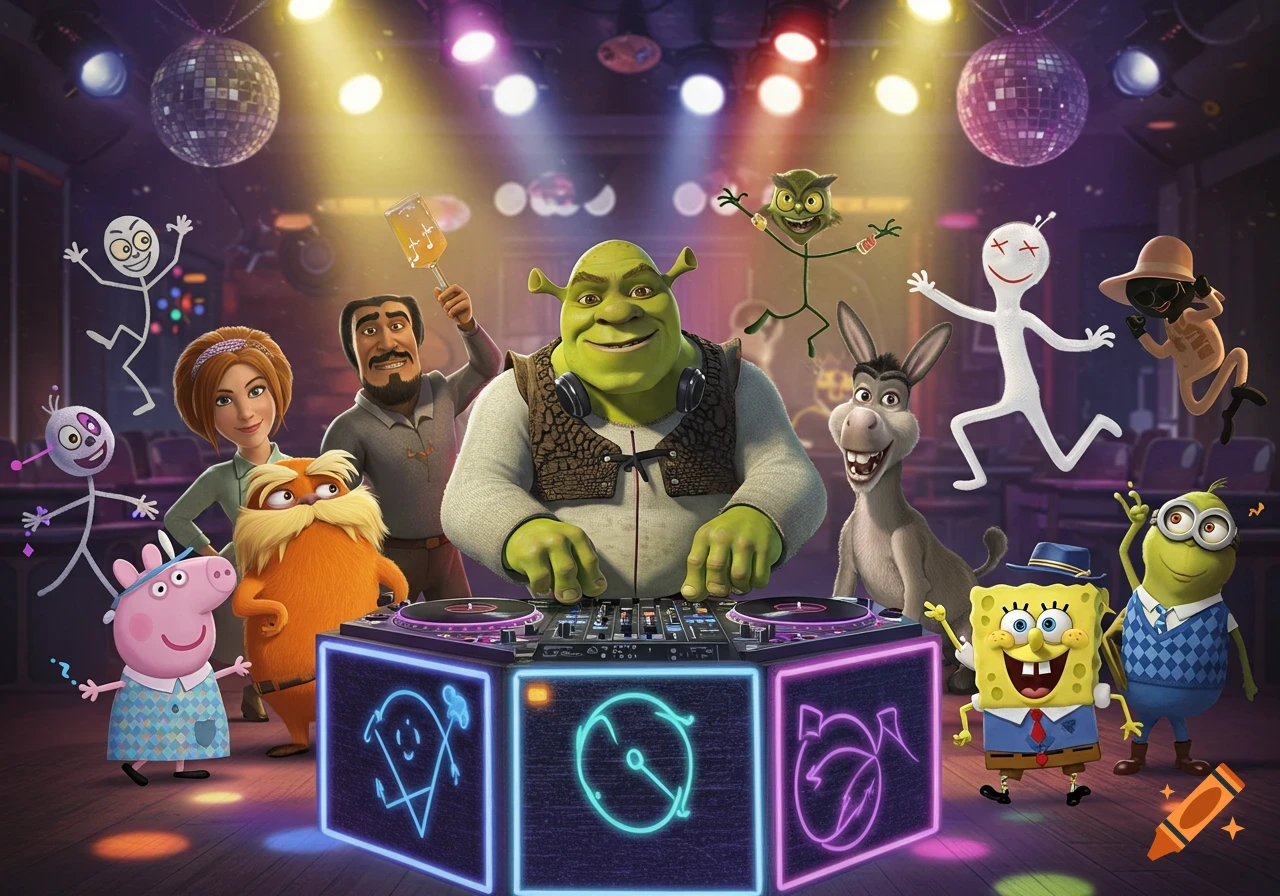 Shrek DJs at a vibrant disco with Donkey, Peppa Pig, Spongebob, the Lorax, a Minion, and other cartoon characters dancing.