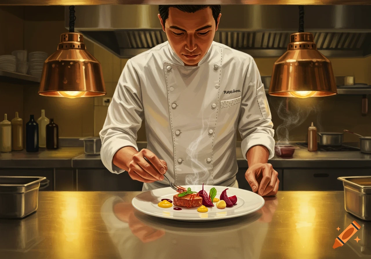A fine dining chef in a white uniform meticulously plates a gourmet dish with a fork in a professional kitchen.