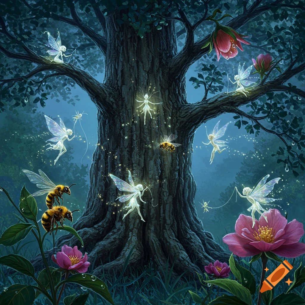 Magical illustration of fairies flitting around a large tree trunk at twilight, with glowing bees, pink flowers, and sparkling dew drops.