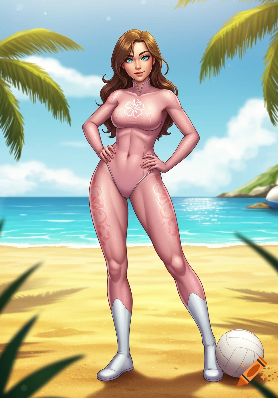 A stylized digital illustration of a woman in a pink form-fitting bodysuit with a hibiscus emblem and white boots, standing confidently on a sunny tropical beach with a volleyball nearby.