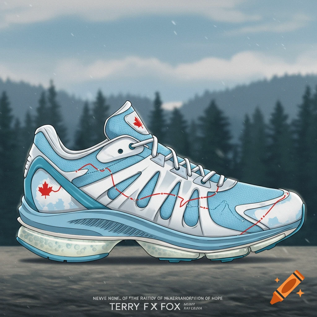 A stylized illustration of a white and light blue running shoe with Canadian maple leaf logos and a red dotted line, set against a snowy forest background.