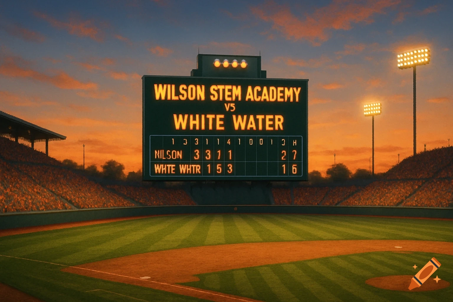A pro baseball field at sunset with a scoreboard displaying "Wilson STEM Academy vs White Water" and scores, surrounded by stadium seating and bright lights.