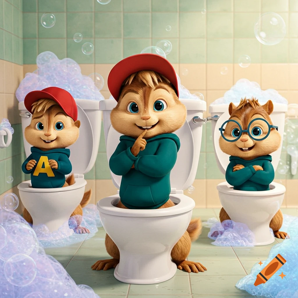 Three cartoon chipmunks, Alvin, Simon, and Theodore, sit in toilets overflowing with bubbles in a bathroom.
