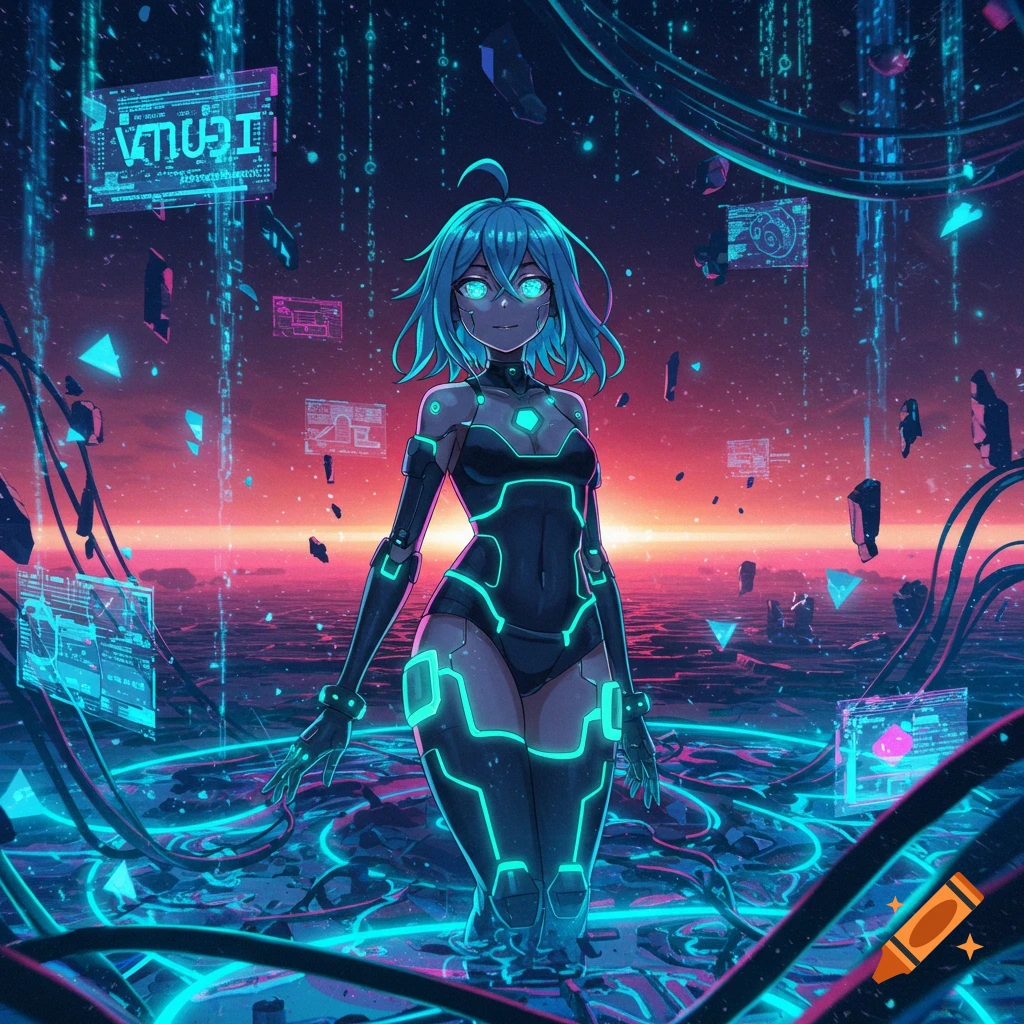 Anime girl in a glowing black and cyan bodysuit stands in a neon-lit, cybernetic landscape with floating screens.