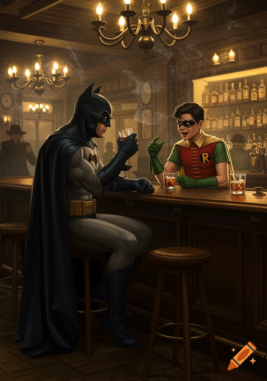 Batman and Robin share drinks and conversation at a dimly lit bar, in a detailed comic book illustration style.