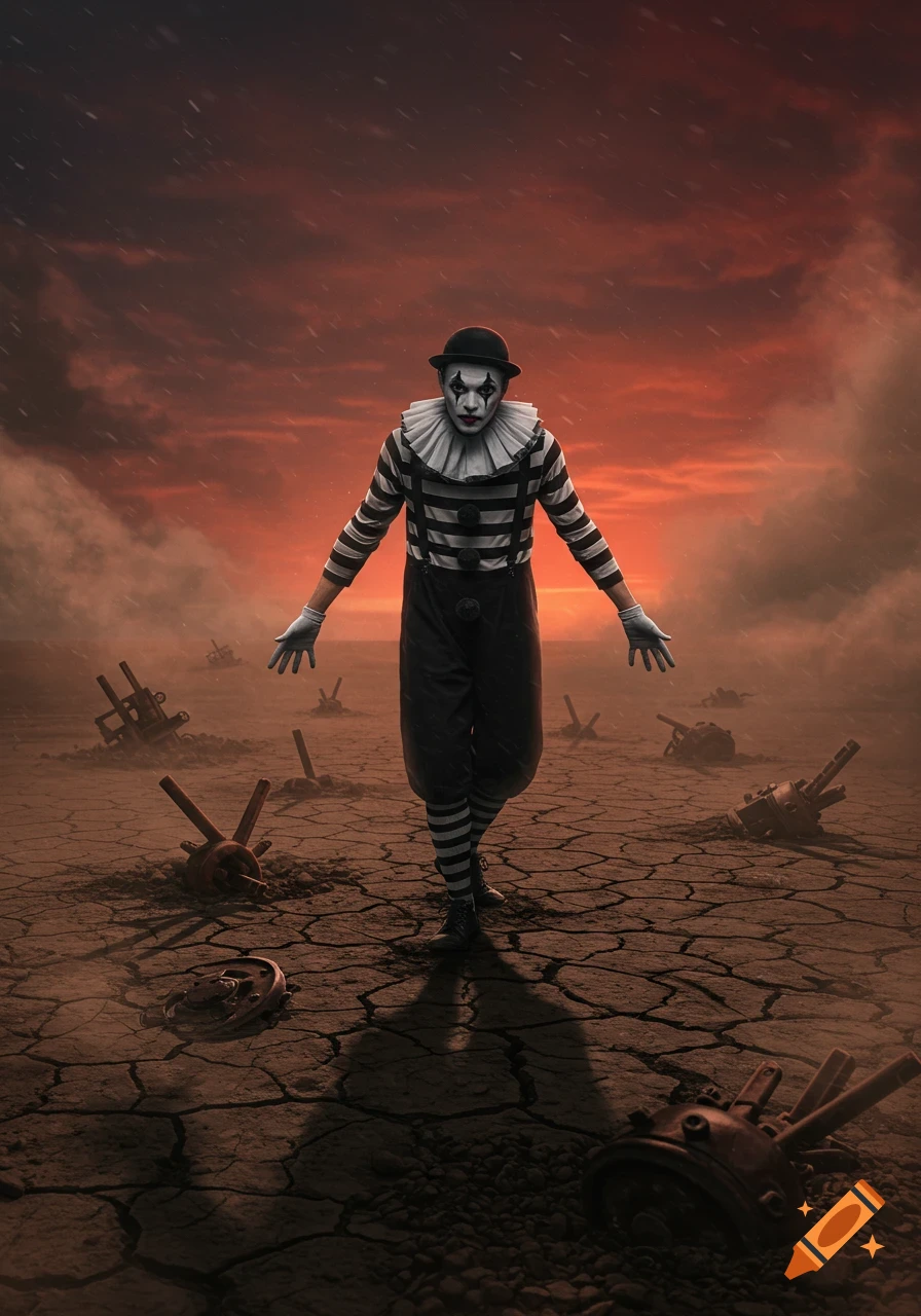 A mime in a black and white striped suit and bowler hat stands in a cracked, desolate minefield under a dramatic red sky, looking forward. Photorealistic.