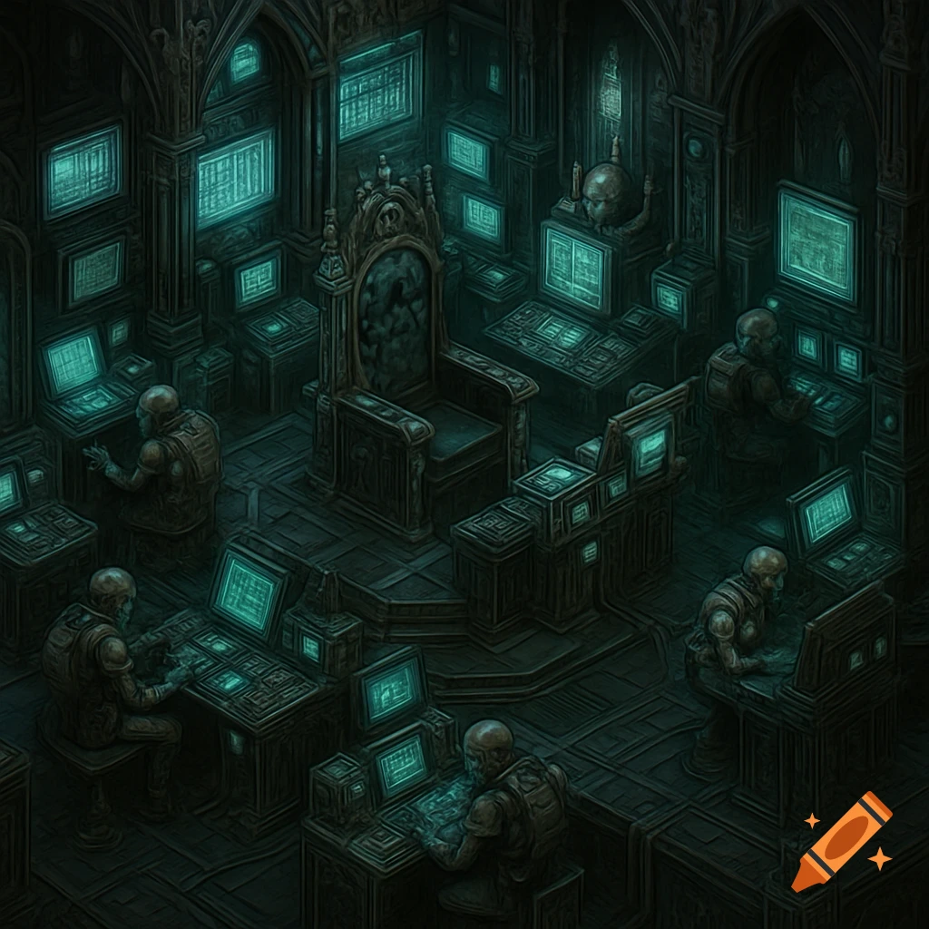 Isometric view of a dark, gothic Warhammer 40k ship bridge with many glowing green computer screens and seated crew members around a large throne.