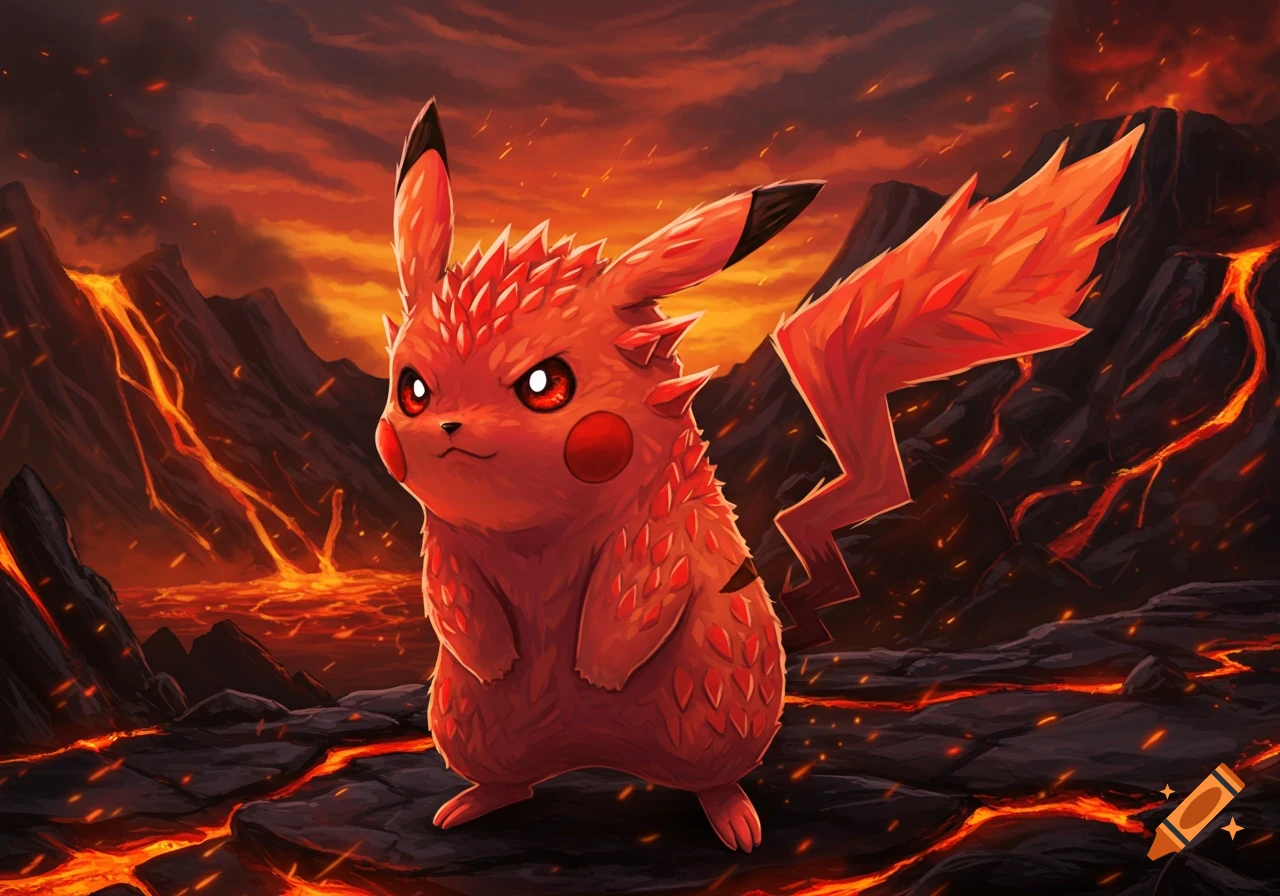 Red draconic Pikachu with glowing eyes and spiky scales stands in a fiery volcanic landscape with lava flows under an orange sky.