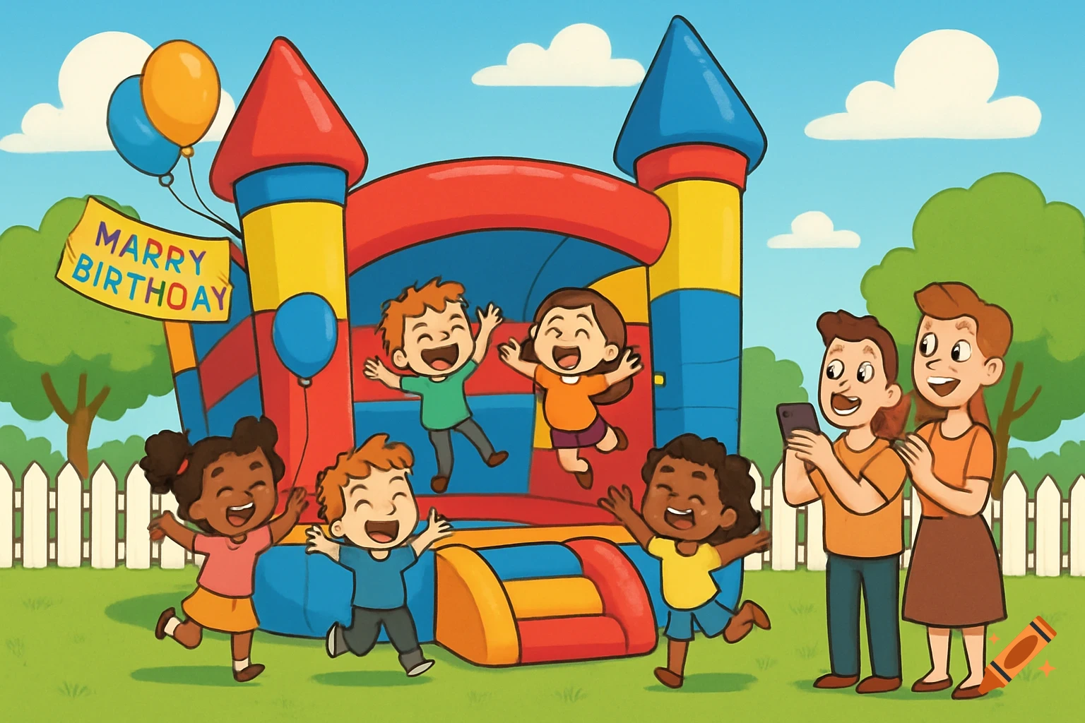 Cartoon illustration of diverse children happily bouncing in a colorful bounce house, with parents watching nearby.