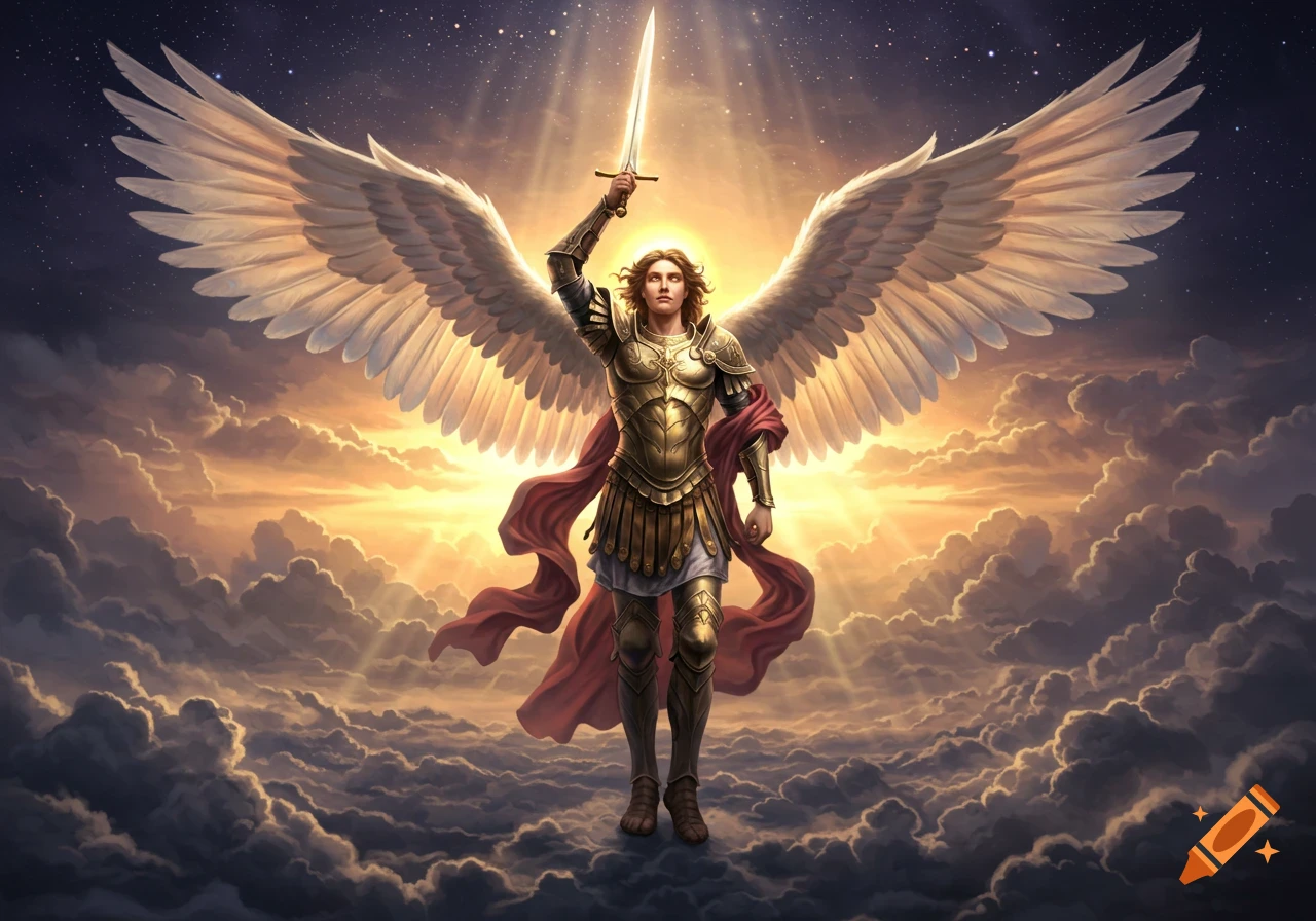 Majestic Archangel Michael with large white wings, holding a glowing sword aloft amidst a sunset sky with clouds and stars.