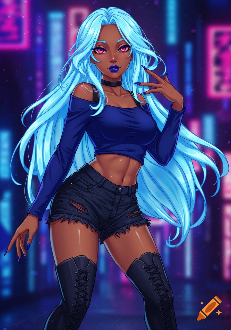 Anime character with long blue hair, dark skin, blue crop top, ripped shorts, and black boots, standing against a neon city backdrop.