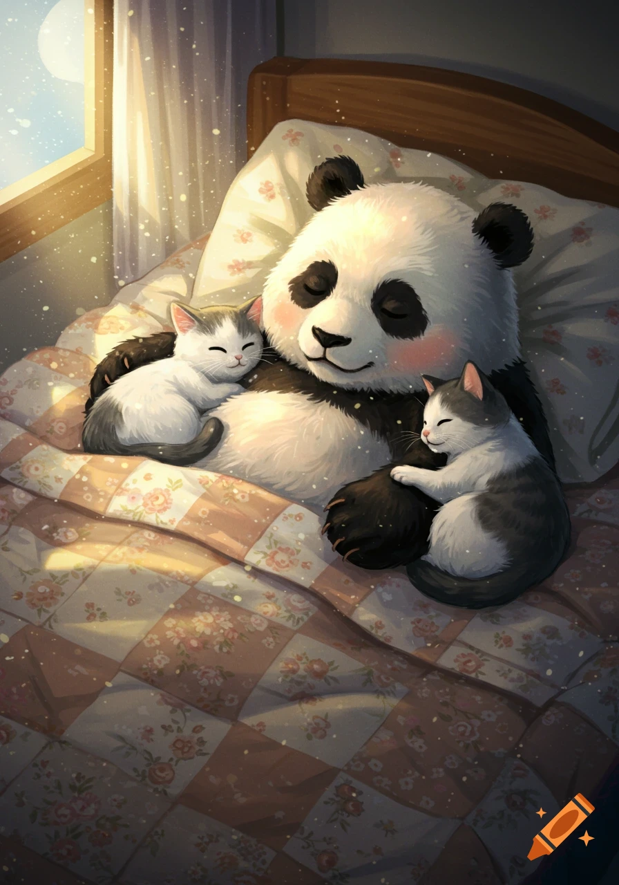 Adorable illustration of a large panda and two small cats sleeping cozily in a bed with a floral quilt, bathed in soft sunlight.