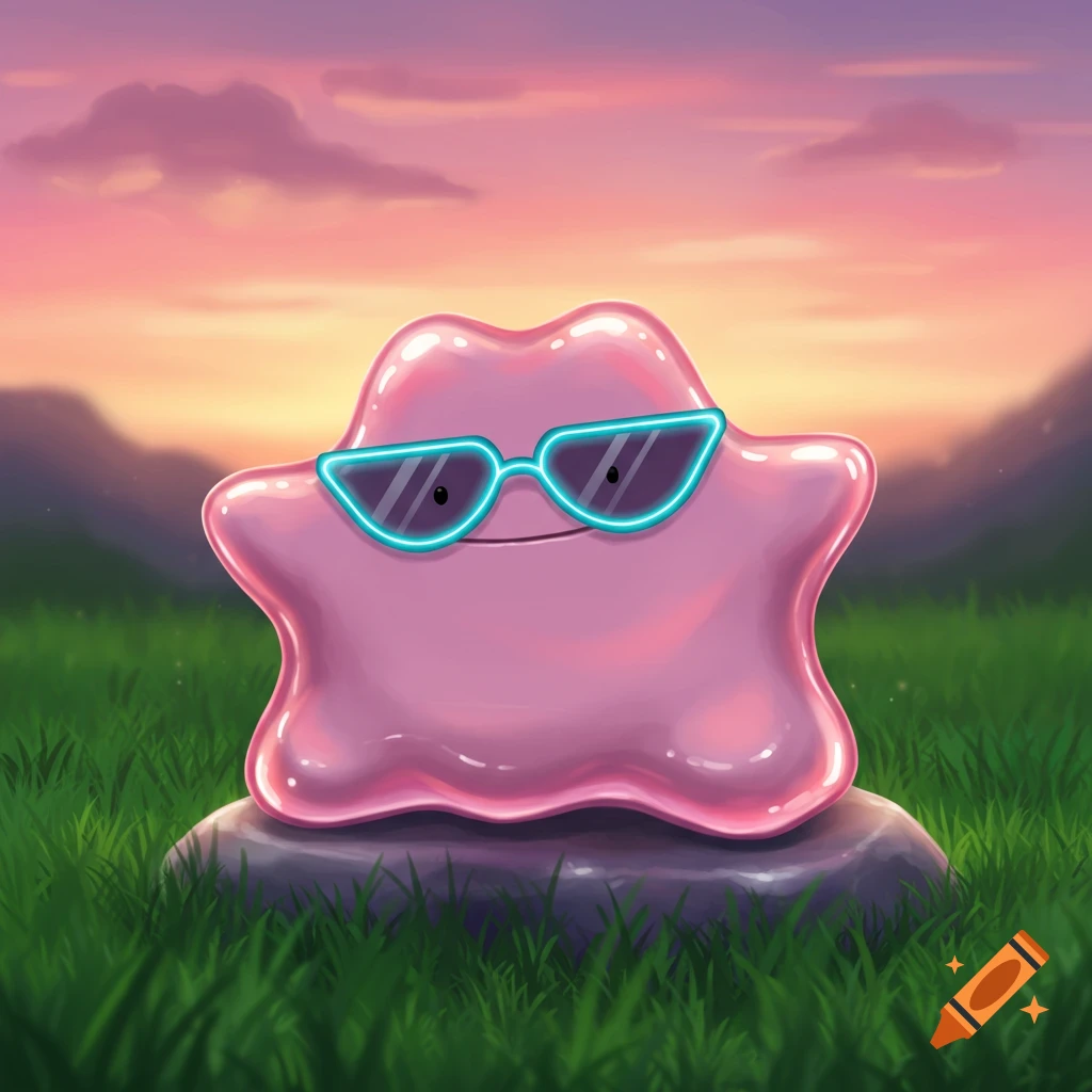 A pink, blob-like Pokemon Ditto wearing neon blue sunglasses sits on a rock in a grassy field with a sunset sky.