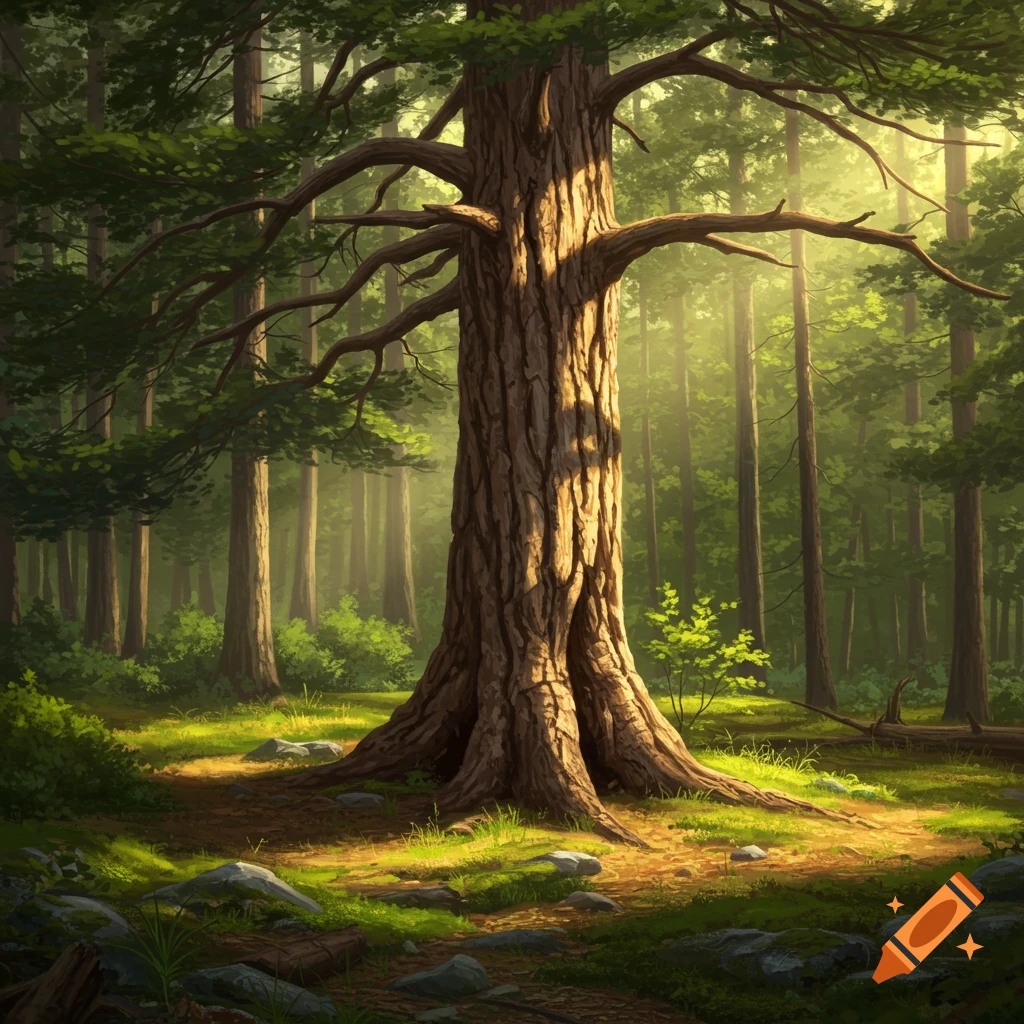A large, ancient tree stands prominently in a sunlit forest, with dappled light illuminating the lush green foliage and forest floor.