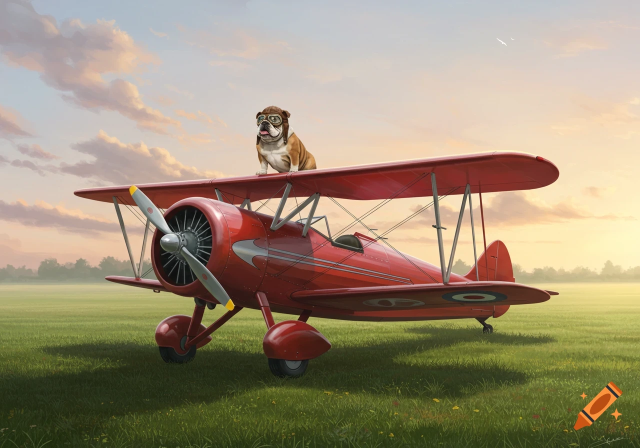 An illustrated bulldog wearing pilot goggles and a helmet stands on a red biplane in a grassy field at sunset.