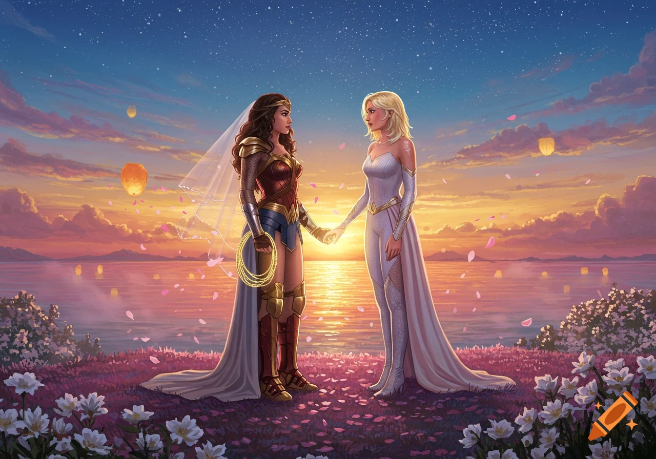Wonder Woman in a wedding veil and armor holds hands with a blonde woman in a white gown at sunset, with sky lanterns over a lake and flowers.