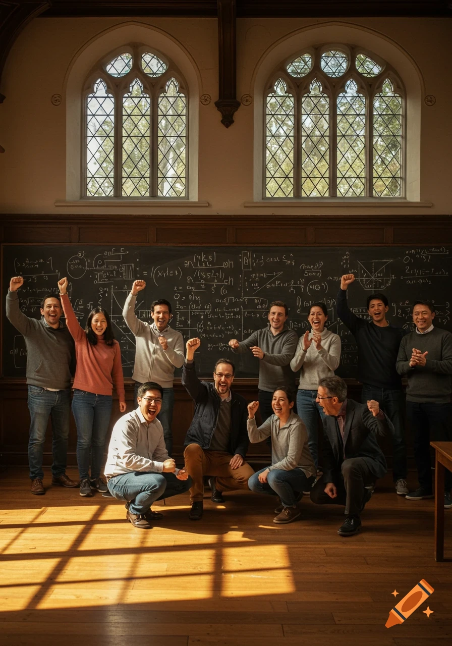 A diverse group of adults in a classroom with a blackboard, raising fists and clapping in celebration.