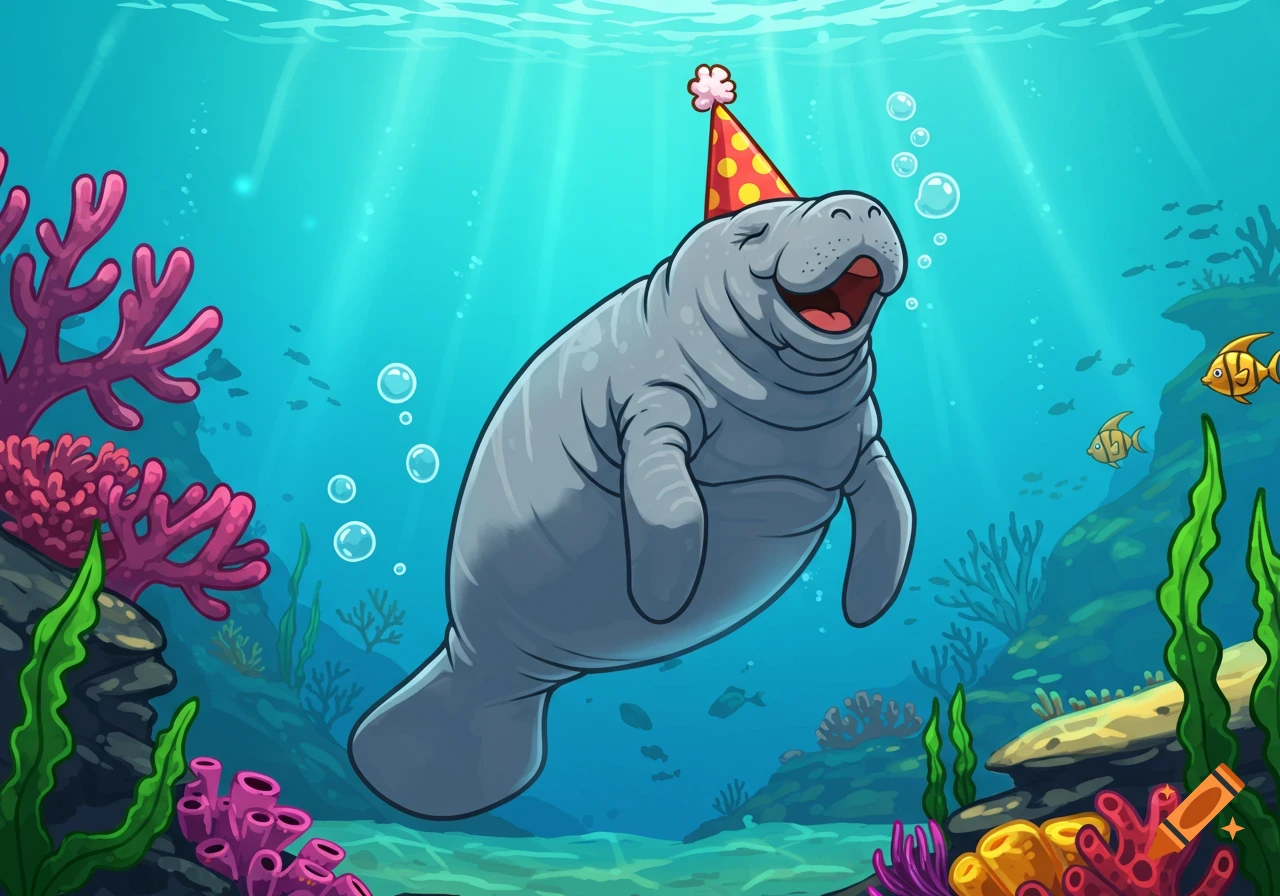 A cheerful cartoon manatee in a party hat laughs underwater among colorful coral and fish, in a 2D video game art style.