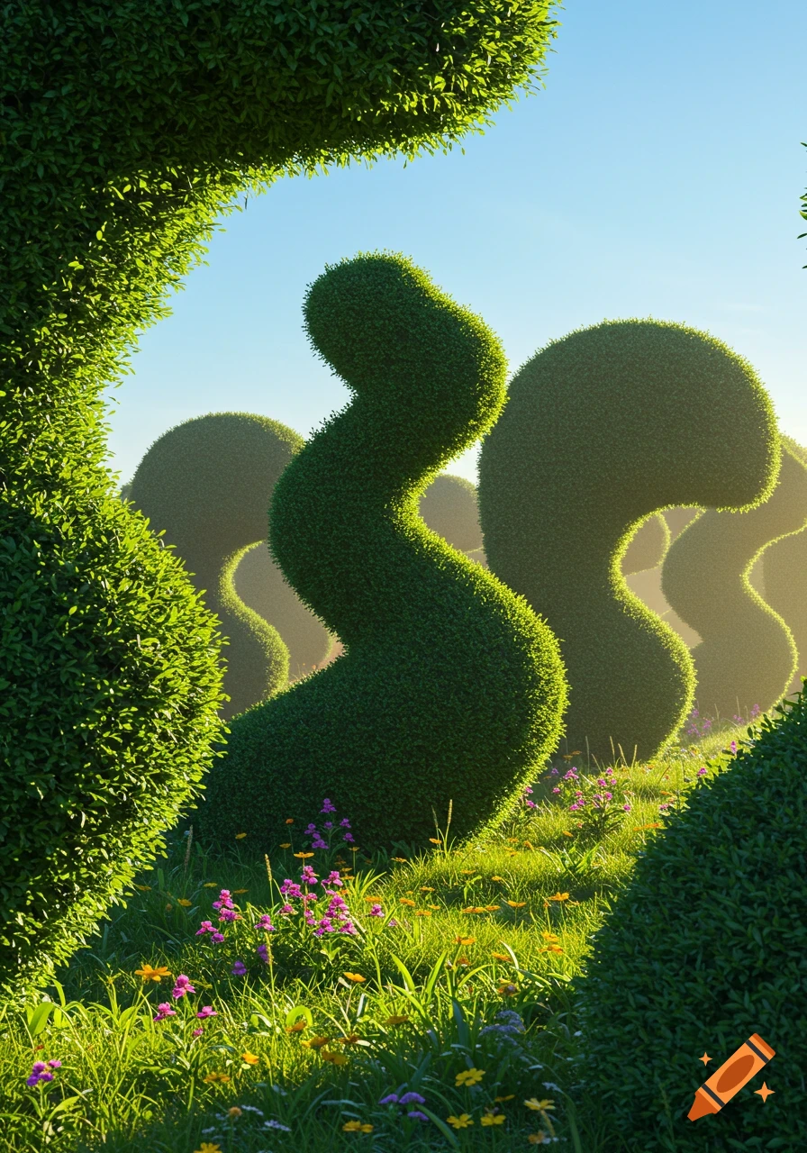 A whimsical garden with tall, wavy green topiary hedges and vibrant wildflowers under a clear blue sky, bathed in sunlight.