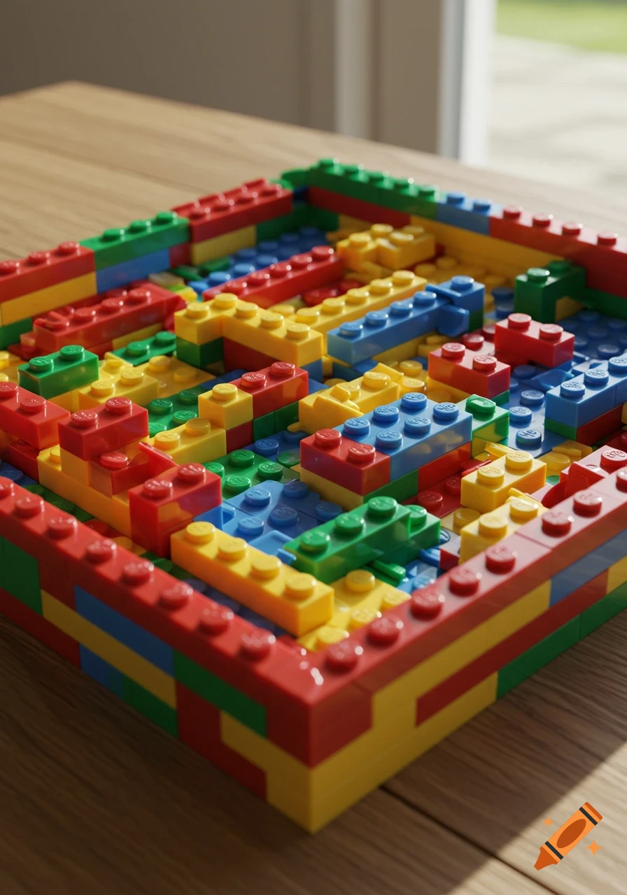 A colorful LEGO tray built as a maze with many nubs on a wooden table, photorealistic style.