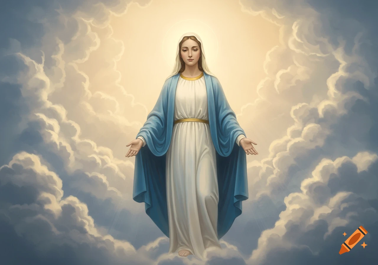 Painting of the Virgin Mary in flowing white and blue robes, arms outstretched, standing amidst golden clouds with a radiant halo.