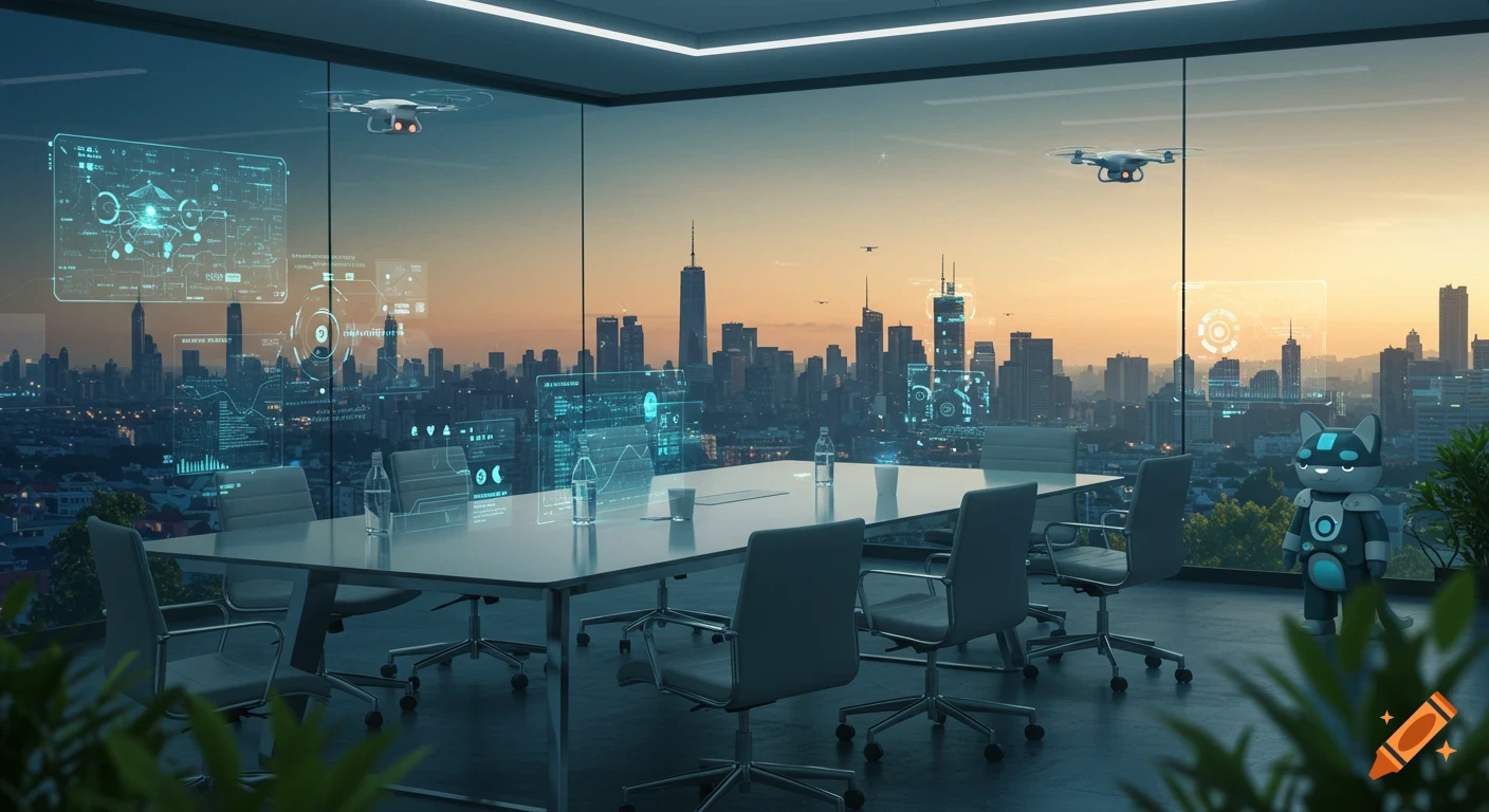 A futuristic office overlooking a city skyline at sunset, with holographic displays, drones, and a batcat robot.