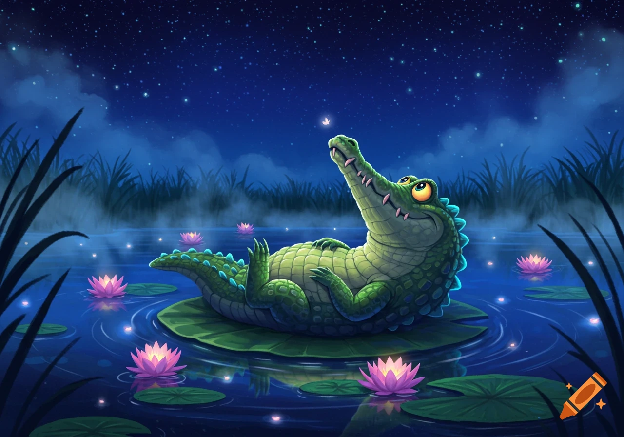 A cartoon crocodile on a lily pad in a starry pond looks up at a glowing butterfly, surrounded by pink water lilies.