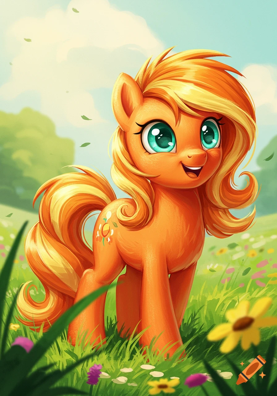 An orange cartoon pony with a yellow mane and tail, and big green eyes, stands in a grassy field with wildflowers under a blue sky.