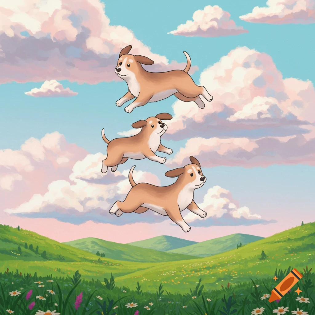Three cartoonish brown and white dogs float in a blue sky with pink clouds above a green, flowery field.